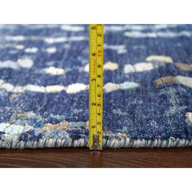 Shahbanu Rugs Denim Blue Modern Mosaic Design Mix of Gold Denser Weave Wool and Silk Persian